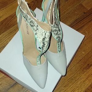 JustFab Snake Print Heels with Mint and Gray